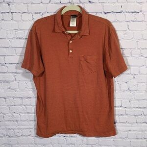 Patagonia Mens Organic Cotton Striped Short Sleeve Polo Orange Navy Sz L Casual
